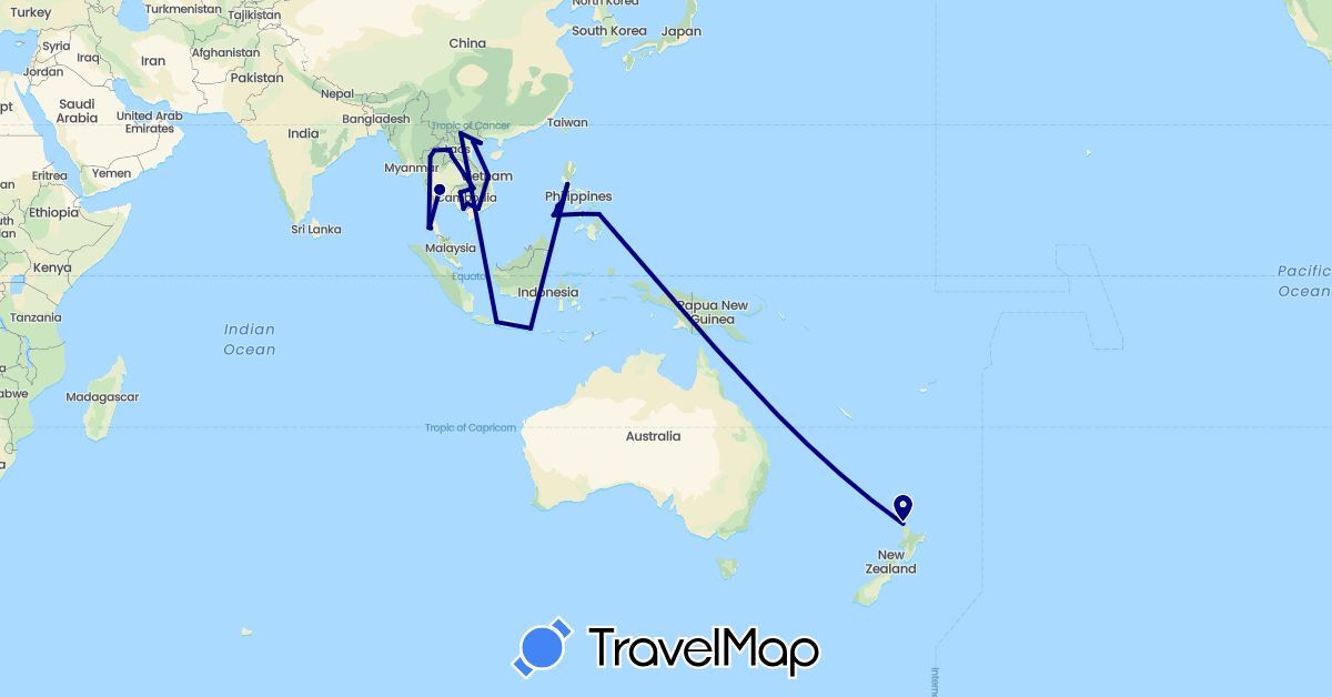 TravelMap itinerary: driving in Indonesia, Cambodia, Laos, New Zealand, Philippines, Thailand, Vietnam (Asia, Oceania)